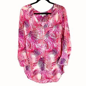 Palm Print Blouse Size 1X by Dear Grace Pink Purple Tropical 3/4 Sleeves VGUC